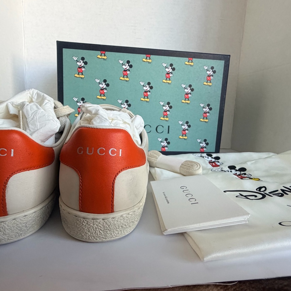 PRE - LOVED: Gucci Cream Leather Mickey Sneakers with Orange Heel - Picture 13 of 13